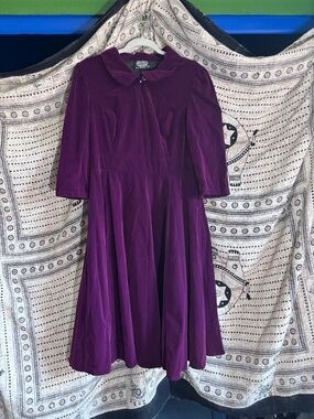 Hearts And Roses Deep Plum Purple Velvet Fit & Flare Pinup Dress Size US12 UK16